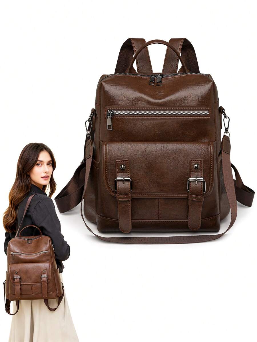 Women's Backpack, Fashionable PU Leather Women's Backpack, Convertible Women's Backpack Tote Bag Tote, Suitable For Work, Travel, University Campus School Bag - 棕色 - 查看 1