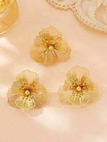 3件套金色镂空花朵耳环戒指套装，时尚优雅，适合派对、宴会和日常佩戴。 - 金黃色 - 查看 2