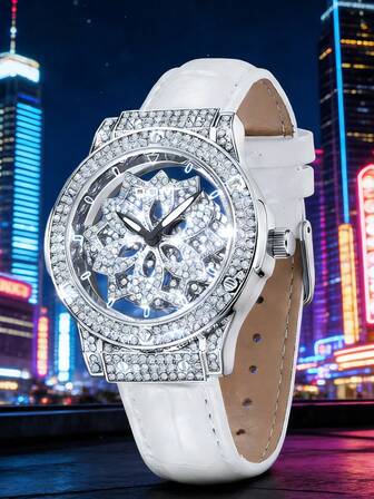 DOM 1 szt. Modny, wydrążony, obrotowy, okrągły cyferblat, świecący, wodoodporny, damski zegarek kwarcowy na białym pasku, odpowiedni do noszenia na co dzień, jako dekoracja, na święta, dla przyjaciół.