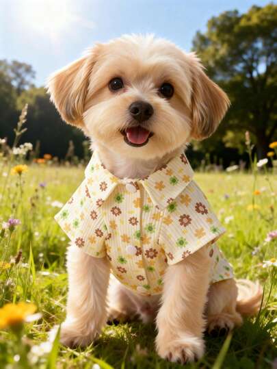 1pc Soft & Cute Pet Dog Apparel, Comfortable Brushed Design, Contrast Floral Print, Creative Short Sleeve Shirt, Suitable For Puppy/Small Dogs, All Seasons