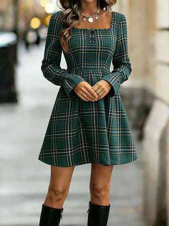 Vestido corto de mujer casual y de exterior de primavera, con mangas largas, cuello cuadrado, diseño corto y puños elásticos, en estilo de cuadros