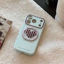 GUCADI 1pc Retro Plaid Contrast Color Apple 17 Pro Max Phone Case, Shockproof 16 13 15 Cover With Heart Shaped Magnetic Stand, Creative, Geometric, Korean Style, Contrast Color, Niche, Ins Style - Iceland Blue - View 3