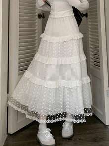 White Lace Trim High Waist A-Line Skirt, Sweet Cake Skirt For Women, Summer - White - View 3