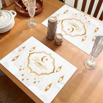 4pcs Ramadan Theme Placemats, Decorated With Golden Crescent Moon, Star And Lantern Patterns. Suitable For Gatherings, Dining And Holiday Decorations. Size: 30x45cm, Applicable For Home Decor, Holiday Table Decor, Farmhouse Holiday Decor, Farmhouse Style Decor, Washable Pad, Durable Material, Holiday Table Decor And Home Entertainment.