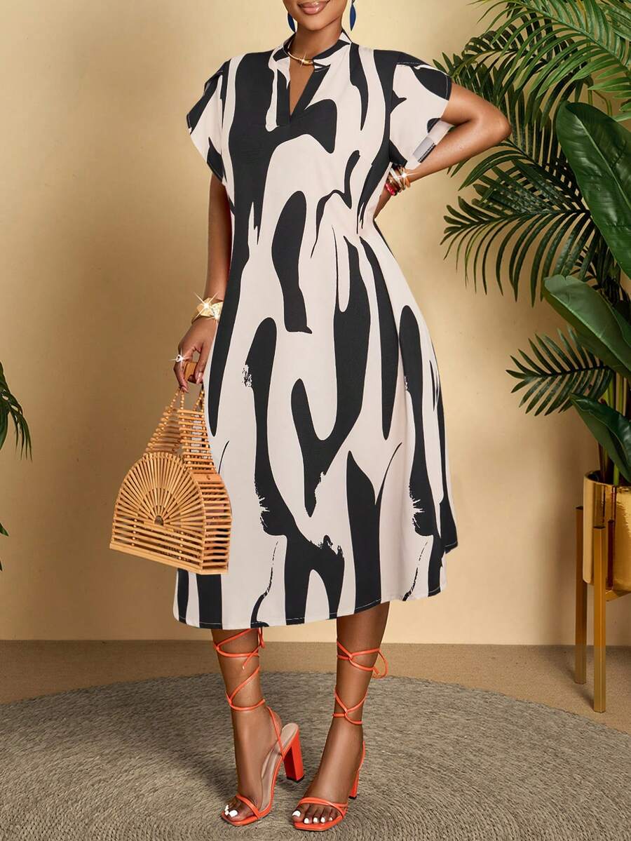 AIJ Đầm in hoa thanh lịch dành cho nữ, họa tiết hoa ngẫu nhiên. - Đen và trắng - Xem 1