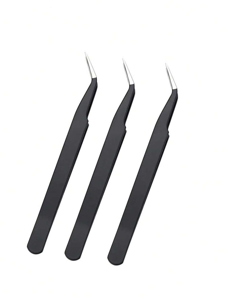 3pcs Eyelash Extension Tweezers Auxiliary Tools, Stainless Steel Eyelash Beauty Tools In Pastel Colors - Black - View 1
