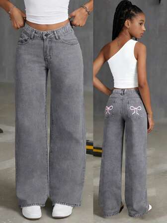 Tween Girl Loose Butterfly Print Flared Jeans, Comfortable And