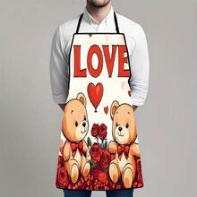 1PC Valentine's Day Themed Apron With Two Teddy Bears Holding Red Roses And Heart Balloons Love Design For Romantic Kitchen Cooking Baking Festive Party Supplies