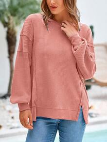 Women  Oversized Sweatshirt  Crewneck Long Sleeve Pullover Waffle Knit Tops Christmas New Years Fall Clothes For Women - Hồng - Xem 1