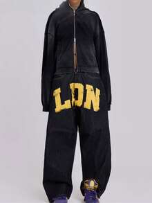 Jeans For Women,Women's Street Style Letter Print Straight Leg Loose Denim Jeans - màu đen - Xem 3