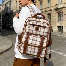 Large Travel Backpack, Business Laptop Backpack, Suitable For High School Students, Travel, School, Commute And Computer Use. New Fashion Large Capacity High-End Korean Style Casual Simple Lightweight Versatile Canvas Plaid Adjustable Shoulder Strap Shoulder Bag Handbag Tote Bag Backpack For Travel, Shopping, Dating Holiday , Vintage - Multicolor - View 7