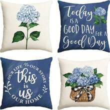 4PCS Blue Hydrangea Spring And Summer Throw Pillow Cover, Today Is A Beautiful Day Deep Blue Cushion Cover For Sofa(16in X 16in, 18in X 18in, 20in X 20in) - Blue - View 8