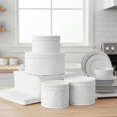 LAMINET 6 Piece Quilted Dinnerware Storage Starter Set - Includes 4 Plate Cases, 1 Cup Case &Amp; Platter Case - WHITE