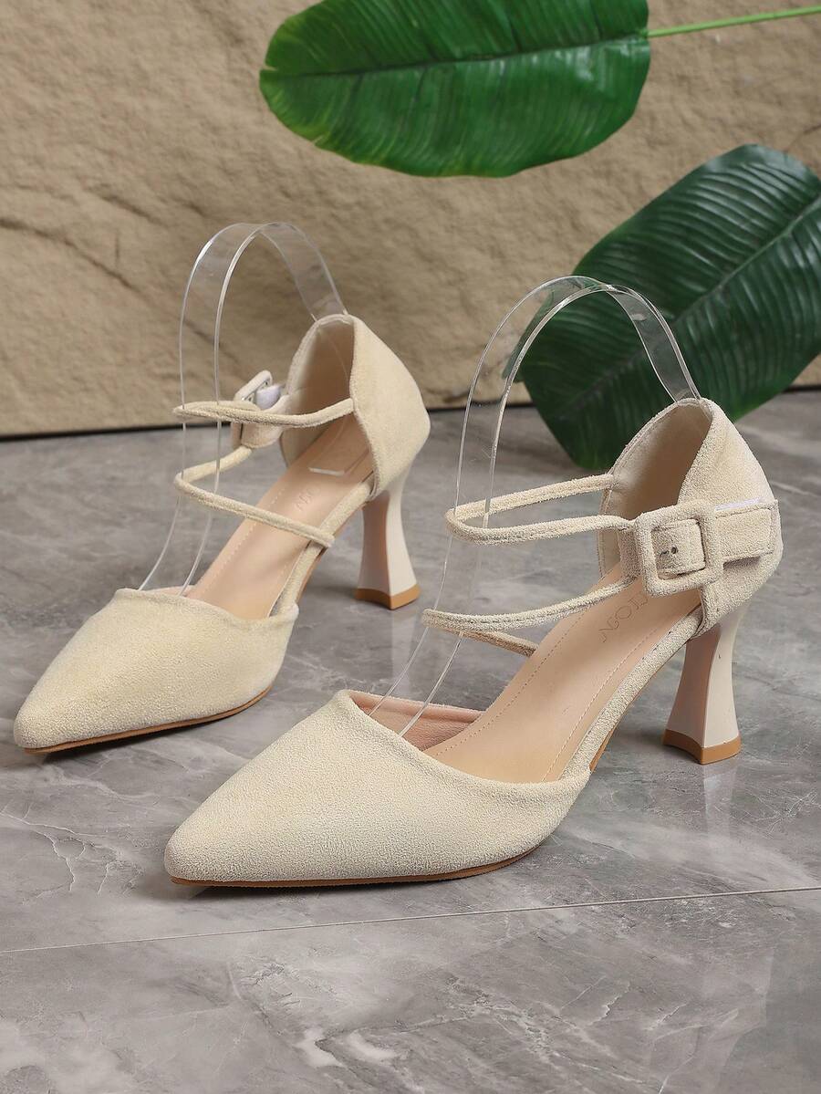 A Pair Of The Latest Summer Beige Suede Double-Strap Pointed High-Heeled Sandals For Teenagers - A Comfortable Style, An Excellent Choice For Daily Outings, Shopping In Malls, And Party Events, Fashionable, Casual And Comfortable - Beige - View 1