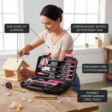 24件套粉色家用工具套装，包括钢钳、卷尺、锤子等 - 灰色小巧盒装多功能维修工具包，适合DIY和家庭维护 - 粉色 - 查看 3