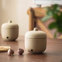 1pc Japanese Style Coarse Ceramic Garlic Storage Jar (With Lid), Suitable For Ginger And Chili Kitchen Storage Container, Perforated Storage Box, Breathable Fresh-Keeping Household Storage Bucket, And Creative Onion Storage Container With Moisture And Mold Resistance - Stoneware - View 2