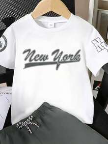 Young Boy Letter Print Short Sleeve T-Shirt And Shorts - Grey - View 3