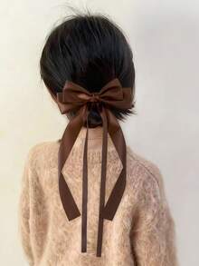 4pcs Random Beige & Coffee Color Satin Bow Ribbon Hair Clips, Solid Color Large Barrettes, Cute Girl Princess Hair Accessories For Daily Wear & Party - Multicolor - View 3