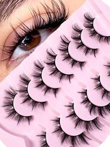 7 Pairs Cat Eye False Eyelashes, Natural Fluffy Faux Mink Lashes, Full Strip Fake Eyelashes, Suitable For Daily Wear - Black - View 1
