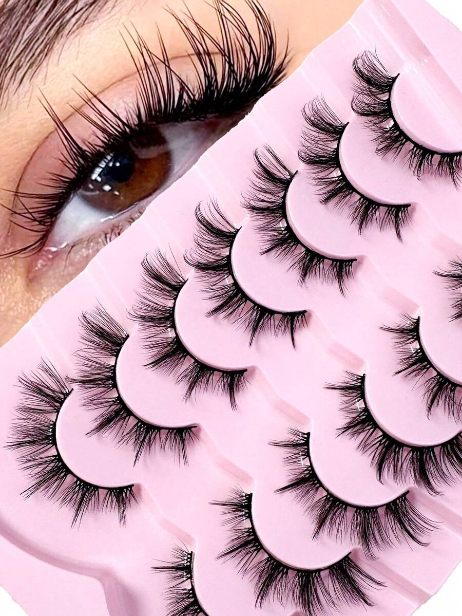 7 Pairs Cat Eye False Eyelashes, Natural Fluffy Faux Mink Lashes, Full Strip Fake Eyelashes, Suitable For Daily Wear - Black - View 1