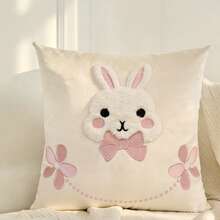 1pc Easter Bunny Pillow Cover, Faux Fur Embroidered Decorative Cushion Cover With Cute Rabbit & Bow, Suitable For Easter, Spring, Home Decor, All Season - Multicolor - View 8
