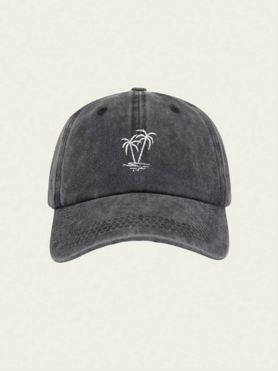 1pc New Washed Vintage Baseball Cap, Embroidered Palm Tree Pattern, Retro Soft Crown Sun Hat, Fashionable Solid Color Brim,Summer,Beach,Holiday,Festival,Travel