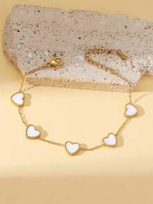 Metallic Chain & Mother-Of-Pearl Heart Bracelet, Delicate & Fresh Design, Sweet Element Jewelry For Daily Commute - Multicolor - View 2