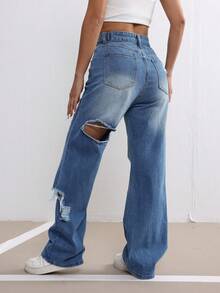 Fashionable High Street Ripped Blue Jeans For Women, Adjustable Waist Design, Casual Street Style Loose Fit Straight Leg Denim Pants, Suitable For Spring & Summer - Blue - View 7