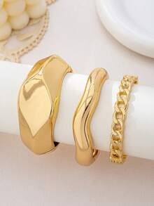 3 Stücke/1 Set minimalistisches geometrisches asymmetrisches Tropfen-Design Armreif Set mit dicker Textur in Goldton, geeignet für Frauen, massiv und glatt aus Metall & Zinklegierung - Goldgelb - Übersicht 2