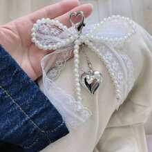 1pc Elegant Zinc Alloy Lace Pearl Bow Heart Shaped Keychain, Versatile Fashion Classic Love Pendant Handmade Bag/Car Accessory - Multicolor - View 2