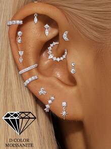 EleRunis 1颗0.1克拉莫桑石水钻925纯银马眼形心月形耳钉，18K镀金平底耳骨耳廓穿刺耳钉，适合日常佩戴，也适合婚礼、派对、订婚、周年纪念、情人节等场合。 - 銀色 - 查看 1