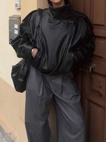 DEEKA 秋冬新款女士时尚皮夹克，简约百搭压纹皮衣，高端外套