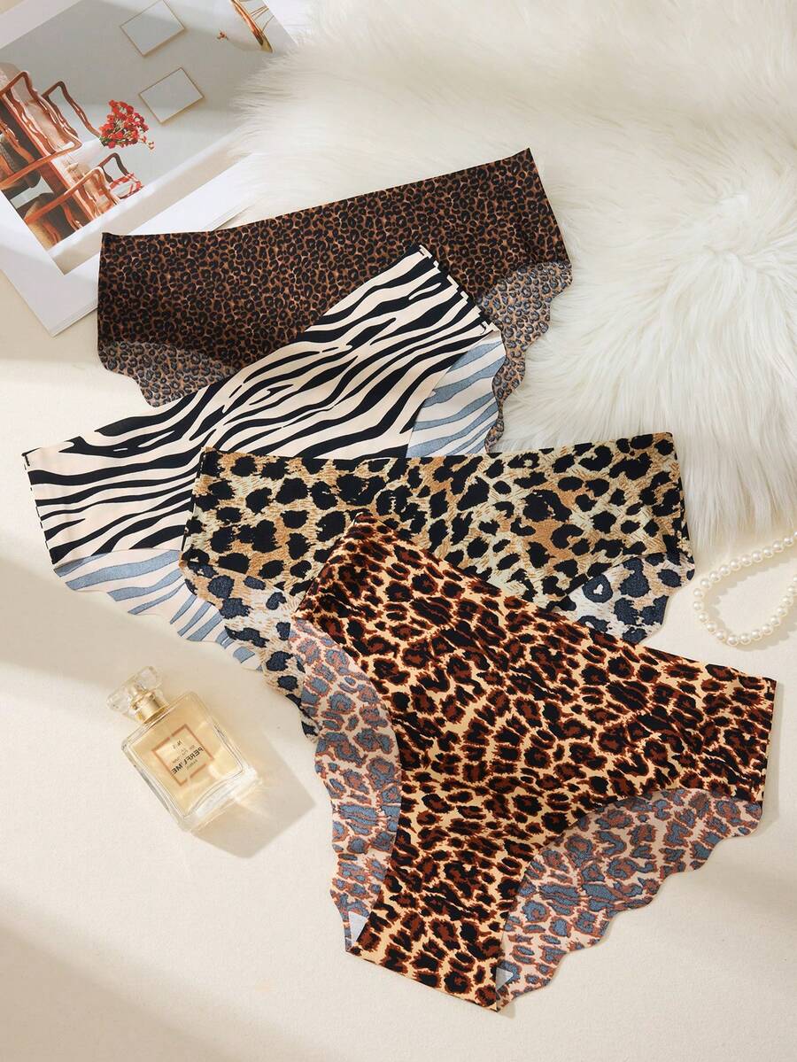 4条装 - 女士豹纹无缝内裤，波浪边饰，优雅时尚内衣 - 彩色 - 查看 1