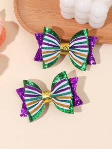 2pcs Carnival Green & Yellow Basic Bow Hair Clips, Fabric Glitter Bow Decorated Hair Clips, Fashion Alligator Clips Carnival Hair Accessories, Carnival Party Gift - Green - View 9