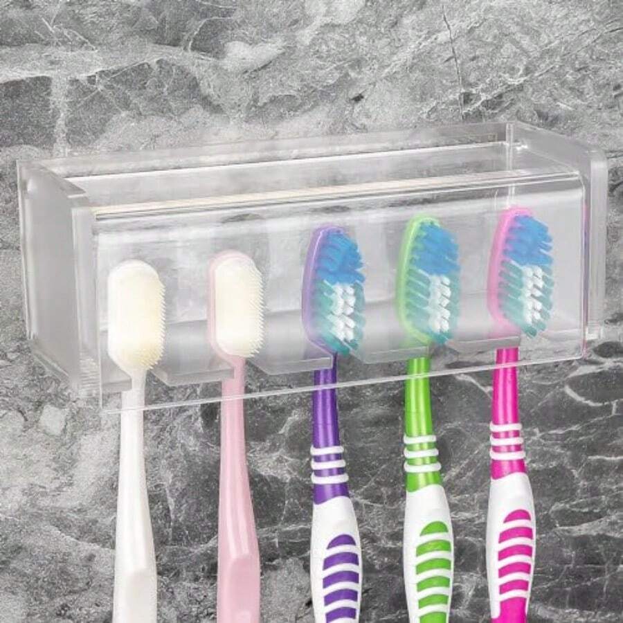 5 Slots Wall Mount Toothbrush Holder With Cover Self Adhesive Toothbrush Storage Organizer For Shower Toothbrush Hanger With Automatic Toothpaste Squeezer Dispenser - 磨砂 1 包 - 查看 1