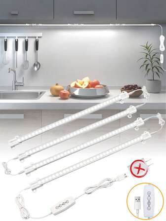 Super Bright Under Cabinet Task Lighting (1/2/3/4 Pcs), Interconnectable Fixtures, Cold White Dimmable USB LED Light Bar For Kitchen Cabinets, Pantry Shelves, Work Desks, Curious Displays, Farmhouses, No Adapter (5V/2A)