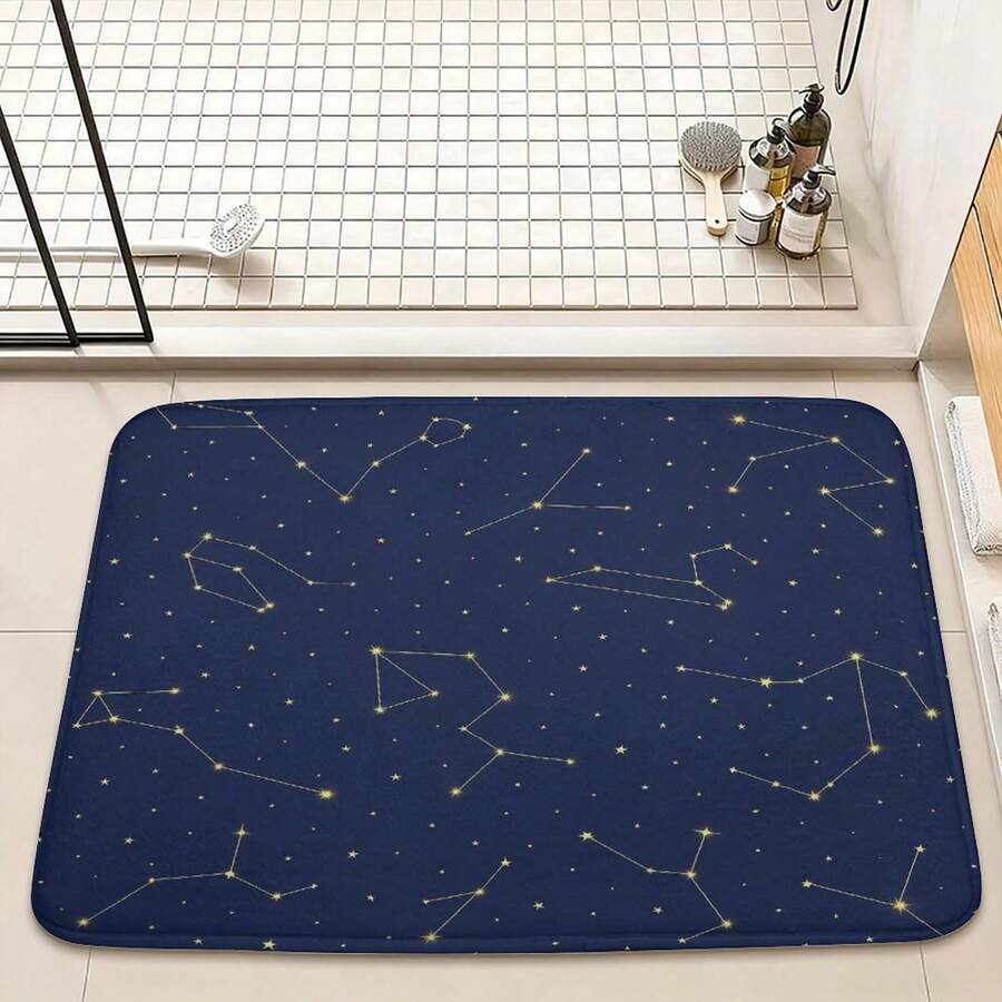 1pc 2D Flat Flannel Material Constellation Pattern Bath Mat - Non-Slip Soft Floor Mat With Golden Stars & Zodiac Signs, Navy & Golden Bathroom Rug For Bathroom, Kitchen, Entryway - Machine Washable Decorative Mat, Kitchen Flooring, Stylish Home Accessory, Durable Fabric - Multicolor - View 1