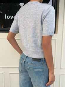 FOR BEAUTY Women's Grey Round Neck Short Sleeve Knit Cardigan, Handmade Vintage Style Button Design, Fashionable Elegant Minimalist Lightweight Commuter Style, Retro Casual Style, College Style, Comfortable Loose Fit Versatile Top - Grey - View 7