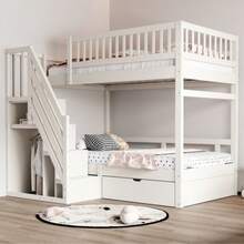 Etagenbett Aus Massivholz 90*200 Cm, Mit Hohem Sicherheitsgitter, Mit Lattenrost, Sicherheitsleiter Mit Stauraum, Mit Stauschubladen, Kinderbett Jugendbett, Weiß - White - View 5