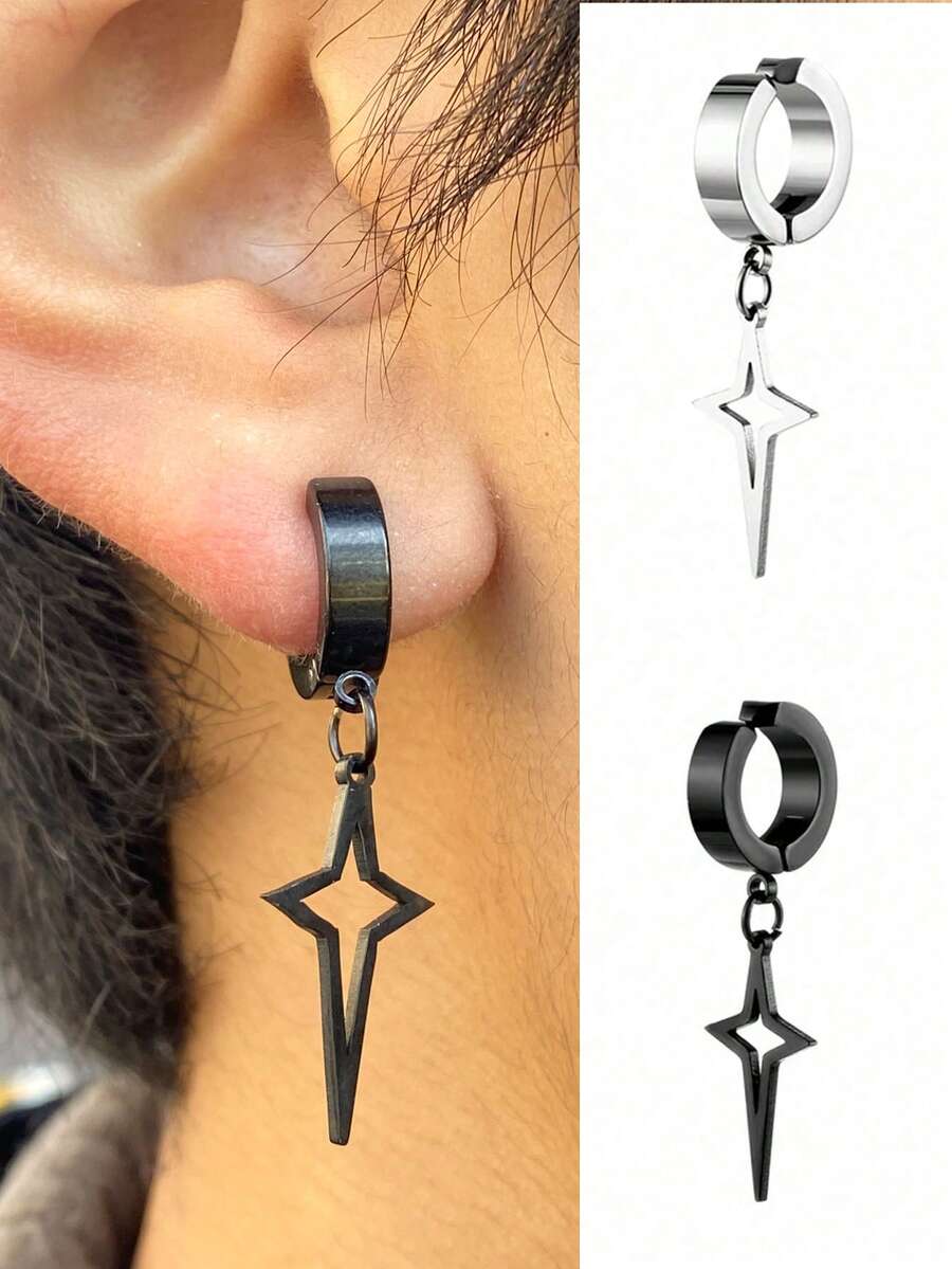 1PC Punk Stainless Steel Earring Hip-Hop Fashion Star Cross Triangle Pendant Dangle Ear Clip Ear Cuffs Non Piercing Earrings Fake Earrings For Men Women Without Hole Jewelry New Year Gifts
