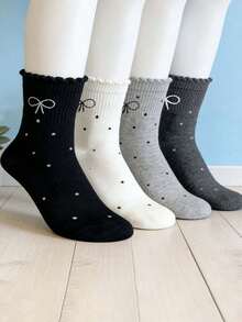 1/4 Pair Women Polka Dot Bow Mid-Calf Socks - Soft Comfortable Casual Socks, Suitable For Daily Wear, Spring/Summer, College Style - Multicolor - View 4