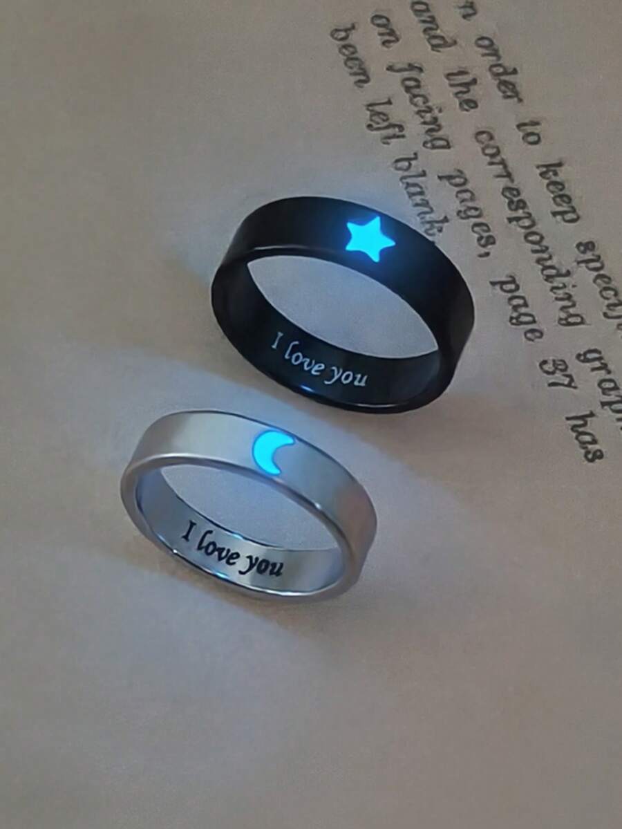ATLVXJL 2pcs/Set Glow-In-The-Dark Couple/Friendship Star & Moon "I Love You" Couple Rings Set, Casual Couple Jewelry Suitable For Daily Wear And Valentine's Day Gift - Multicolor - View 1