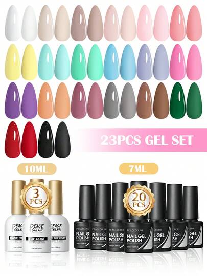 peacecolor 23PCS Soak-Off Gel Nail Polish And 10ML Base & Matte & Glossy Top Coat Set, Nude Pink Blue Green UV Gel Polish Semi-Permanent, For Women DIY Manicure Salon Gifts