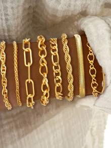 15/9pcs Fashionable Minimalist Elegant Delicate Retro Design Geometric Clasp, Crystal Bling Bling, Shiny Chain, Braided Chain, Snake Bone Chain, Box Chain, Beaded Combination Metal Minimalist Style Bracelet Set, Suitable For Holiday, Party, Date, Gift, Daily Wear - Yellow Gold - View 2