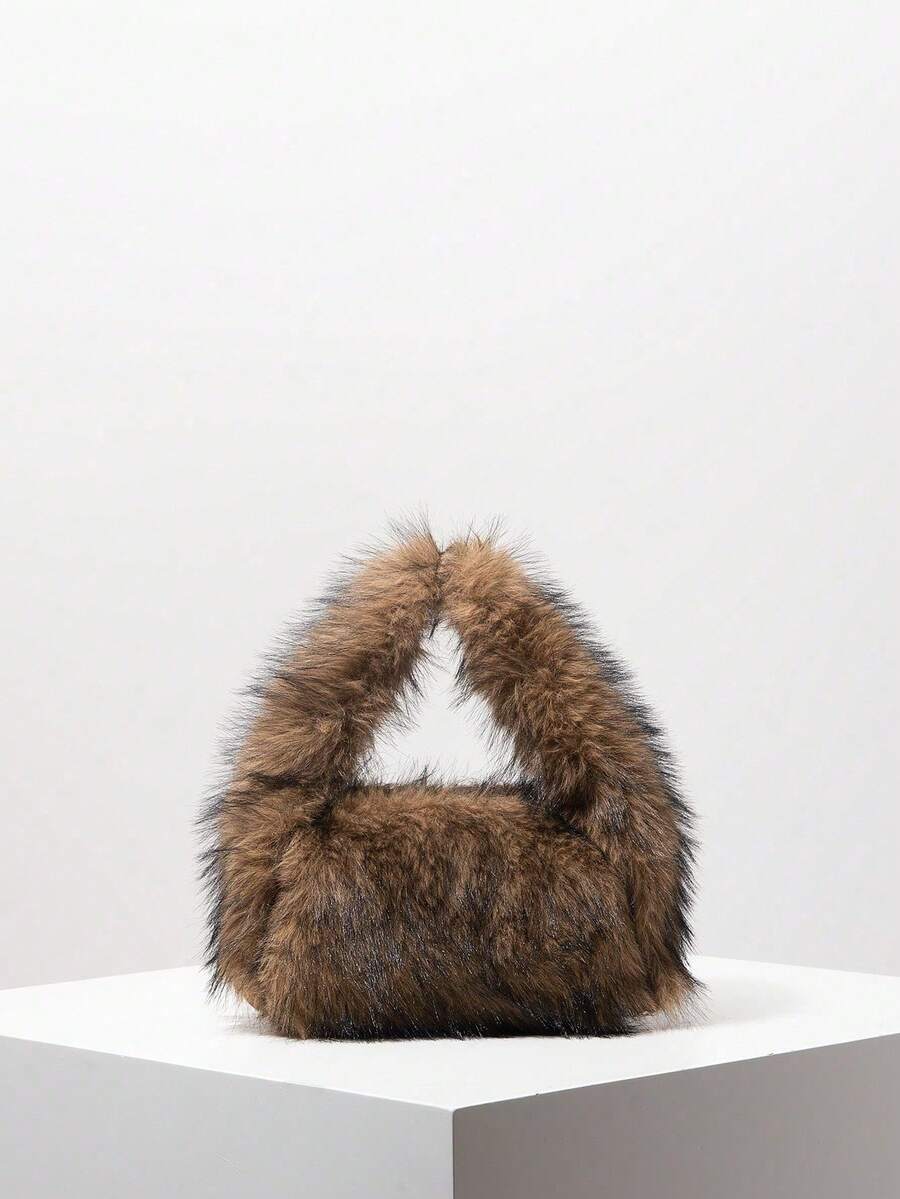 Solid Fluffy Soft Candy Color Satchel Bag, Y2K Style Faux Fur Tote Bags For Ladies, Party Bag, Party Dresses For Women, Winter Fur Purse, Suitable For Commuting, Work, Gatherings, Parties, Perfectly Matching With Fall Outfits Womenfall Clothes For Women, New Arrival Fur Bag For Women - 棕色 - 查看 1