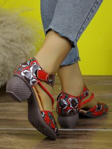 女士复古鞋，春夏款，厚底一脚蹬高跟鞋，镂空印花凉鞋，妈妈鞋，高跟凉鞋，魔术贴搭扣 - 紅色 - 查看 3