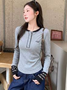 Contrast Color Letter Inlay Contrast Trim Casual School Long Sleeve Top