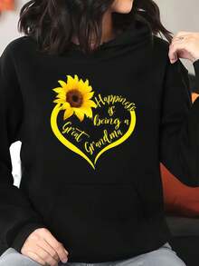 Graphic Sweatshirt, Women's Cotton Hoodie With Sunflower And Happiness Is Being A Great Grandma Print, Comfortable And Suitable For Four Seasons - Black - View 1