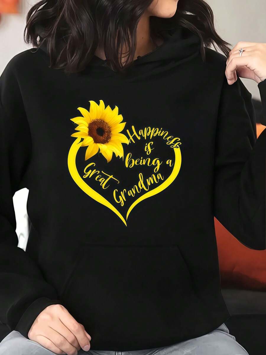 Graphic Sweatshirt, Women's Cotton Hoodie With Sunflower And Happiness Is Being A Great Grandma Print, Comfortable And Suitable For Four Seasons - Black - View 1