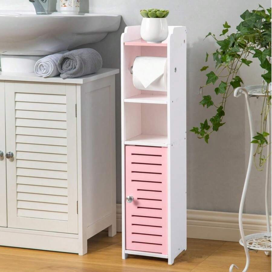 AOJEZOR Toilet Paper Holder Stand: Small Bathroom Storage Cabinet - Pinkish Rose - White - Thạch hồng - Xem 1